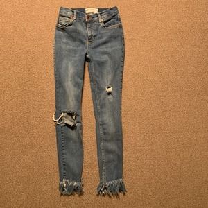 Free People Women Jeans 25 Skinny Ripped Blue Stretch Pocket Raw Hem (Waist 22")